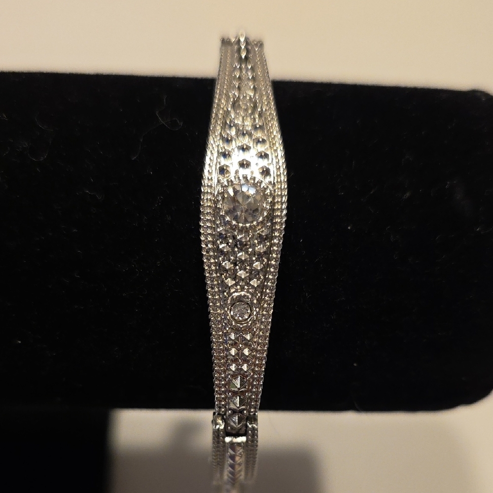 Marcasite And Rhinestone Silvertone Long Link Bracelet 7 Inches Marked China